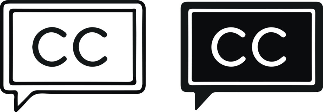 Closed caption icon set featuring cc letters in speech bubble style for media accessibility and settings subtitle accessibility graphics interface