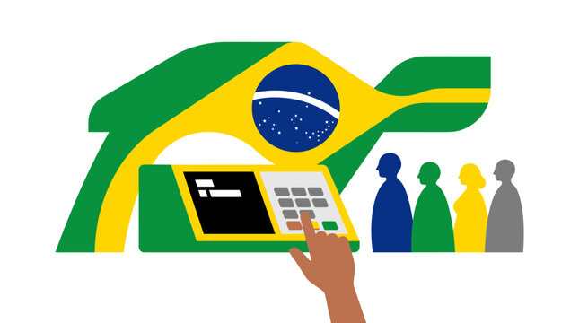 Brazilian Election Voting Machine with Flag and Silhouettes of Voters