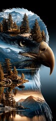 Fototapeta premium Eagle head embodying wilderness landscape with mountains, lake, forest. Eagle head silhouette containing a mountain lake landscape with pine tree forests