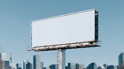 Obraz premium Blank urban billboard in Toronto offering advertising space. Empty outdoor billboard structure in a city against a clear sky, ready for new advertisement
