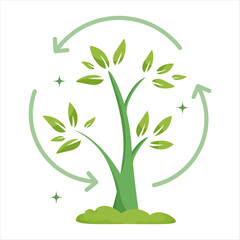 Fototapeta premium A green tree with leaves and arrows in flat style on white background, showing an ecology growth concept. Vector illustration