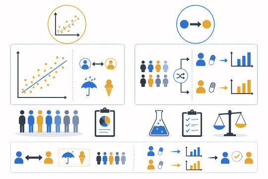 Correlation versus causation research methods illustration