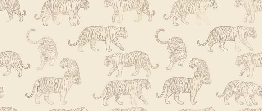 Seamless Pattern of Stylized Tigers Walking and Posing on a Cream Background