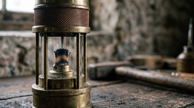 Vintage safety lamp with burnt wick on wooden table in rustic setting. Safety lamp features glass casing and brass detailing, invoking nostalgia for old mining equipment or historical workplaces.