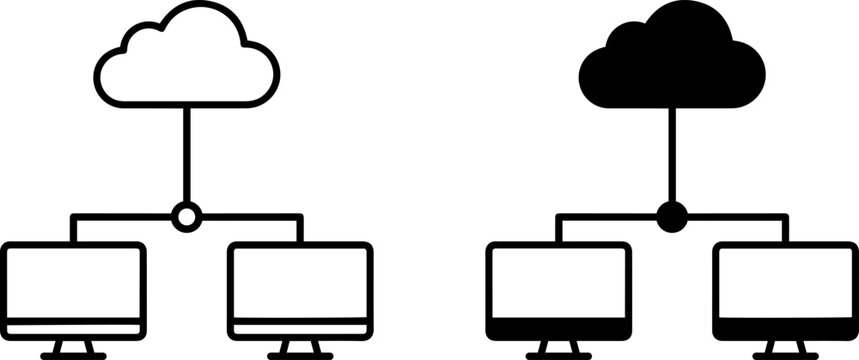 Cloud computing network diagram with computer icons in a minimalist style