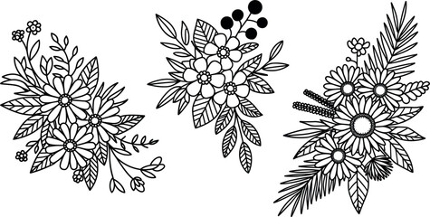 Floral bouquet arrangement icon set, black line art wildflower leaf twig berry decorative border vector template © Puley