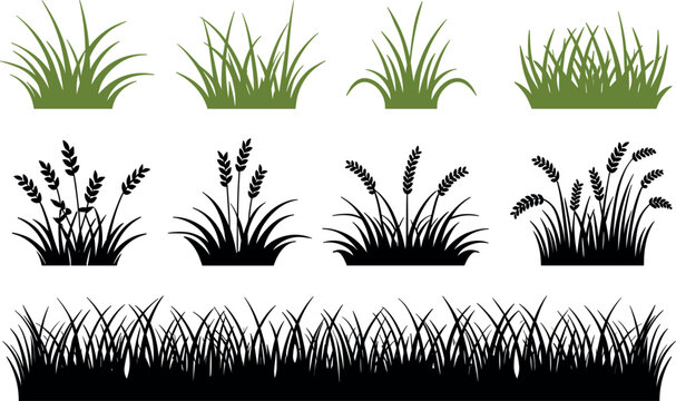 Green and black grass tufts silhouette icon set, wheat field reed garden border vector nature template
