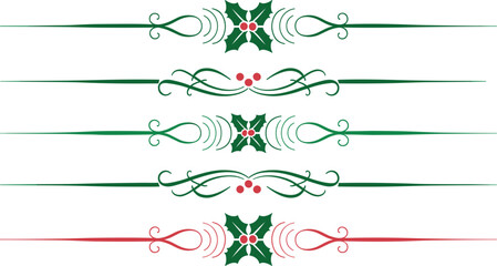 Christmas holly berry calligraphic divider set, elegant winter swirl floral text border line ornament vector template © Puley