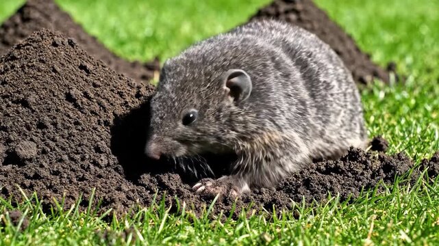 A small mole emerges from its underground burrow creating a fresh molehill in a vibrant green lawn on a sunny day.