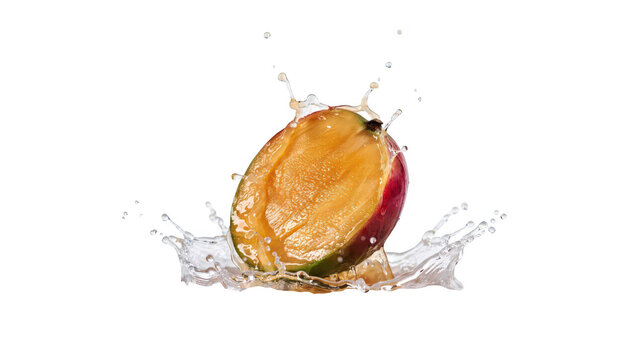 A fresh half of a ripe mango falling into clear water creating a large splash with droplets flying in the air against a deep black background
