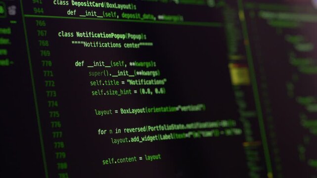 Programming code displayed on monitor with vibe coding workflow and ai assistant on dark interface. Bright green syntax colors highlight structured logic and intelligent software engineering process.
