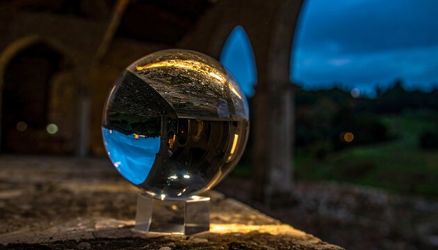 Crystal ball reflecting the sky in a close up view