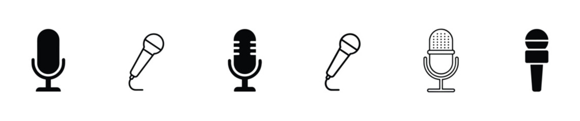 A comprehensive set of six various microphone icons displaying different styles of audio recording equipment including handheld and vintage studio models suitable for digital interface design © Niva