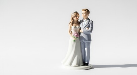 Fototapeta premium Wedding cake topper couple figurine of bride and groom standing together 