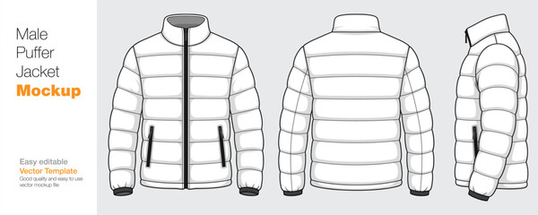 Men's Puffer Jacket Mockup Vector Template - Front, Back, and Side View © SK design