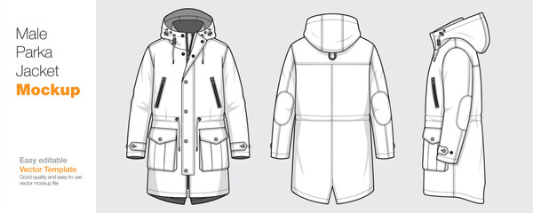 Men's Parka Jacket Mockup Vector Template - Front, Back, and Side View © SK design