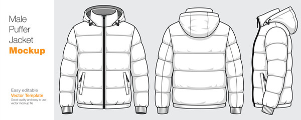 Men's Puffer Jacket Mockup Vector Template - Front, Back, and Side View © SK design