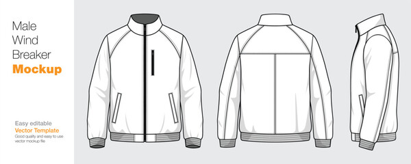 Men's Windbreaker Jacket Mockup Vector Template - Front, Back, and Side View © SK design