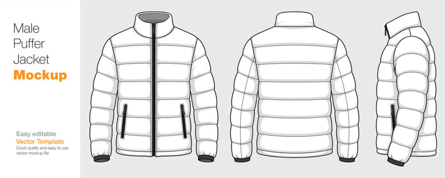 Men's Puffer Jacket Mockup Vector Template - Front, Back, and Side View
