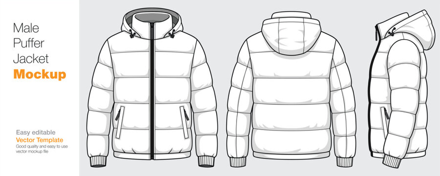 Men's Puffer Jacket Mockup Vector Template - Front, Back, and Side View