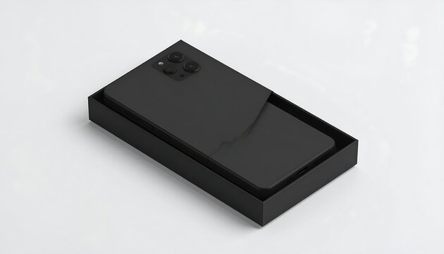 A sleek, black smartphone with a matte finish and four rear cameras lies on its side on a plain white surface
