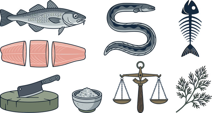 Fresh Raw Fish Market Illustration Set with Cod Fish, Eel, Salmon Fillet Slices, Weight Scale, Cleaver Knife on Cutting Board, Bone, Salt Bowl, and Parsley