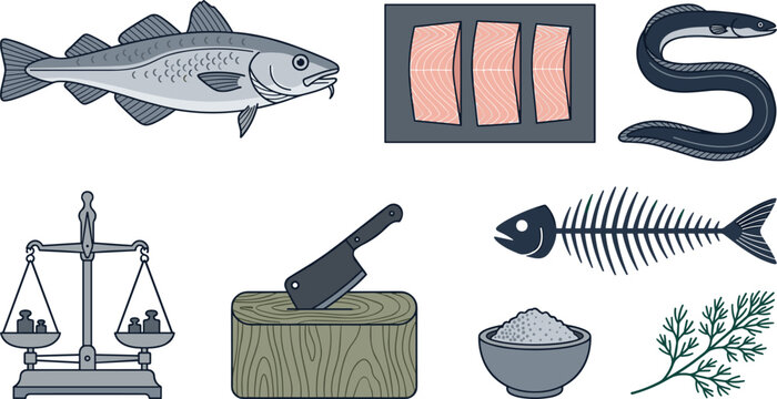Fresh Fish Market Vector Illustration Set Featuring Whole Cod, Eel, Pink Fillet Slices, Weight Scale, Cleaver Knife on Cutting Board, Bone, Salt Bowl, and Herb Dill