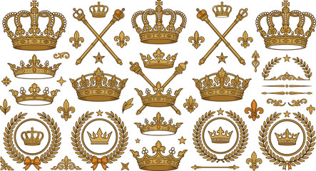 Vintage Heraldic Golden Crown and Royal Scepter Vector Set Featuring Imperial Coronets, Crossed Royal Wands, Fleur de Lis Symbols, and Laurel Wreath Frames © MstRakha