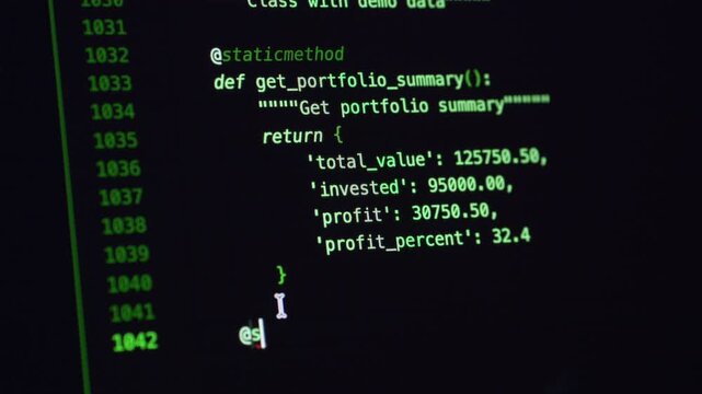 Green source code is being typed on laptop screen during vibe coding session with AI assistant. Modern software development, programming automation, artificial intelligence and coding workflow concept