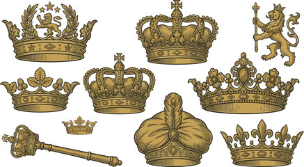 Vintage Heraldic Golden Crown and Royal Scepter Vector Set Featuring Imperial Coronets, Fleur de Lis Tiara, and Rampant Lion Crest Symbols © Mdsahidul