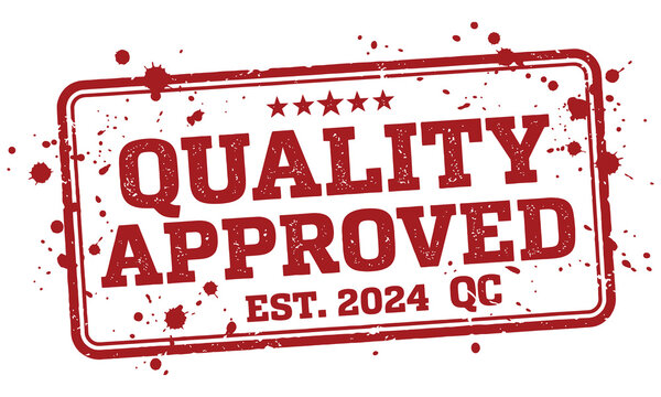Quality approved stamp with red ink and splatters on white background