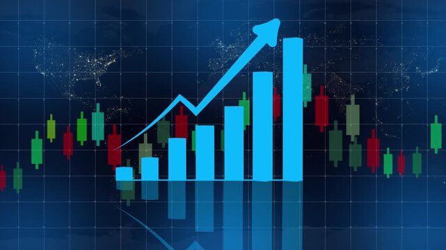 Business bar chart with upward arrow animation on a dark world map background