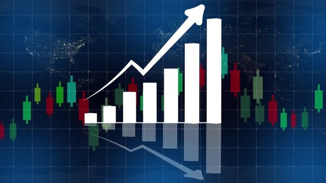 Business bar chart with upward arrow animation on a dark world map background