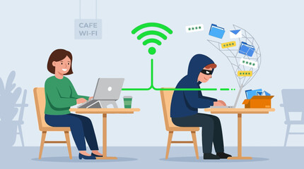 Two women sitting at separate tables in a cafe using laptops with a green Wi-Fi signal and a hacker stealing data © Fendi
