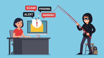 Person sitting at desk with computer receives phishing scam alert while hacker stands nearby with fishing rod. © Fendi
