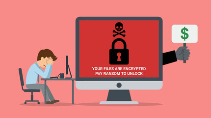A man sits at a desk, working on a computer displaying a ransomware message, with a hand holding a sign with a dollar sign, indicating a cyber attack. © Fendi