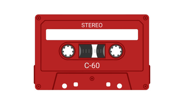 A close-up view of a red stereo cassette tape labeled C-60 on a white background.