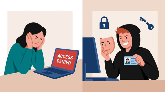 A frustrated woman faces access denied on her laptop while a hooded hacker nearby holds a fake ID and mask, symbolizing cyber security and identity theft issues.
