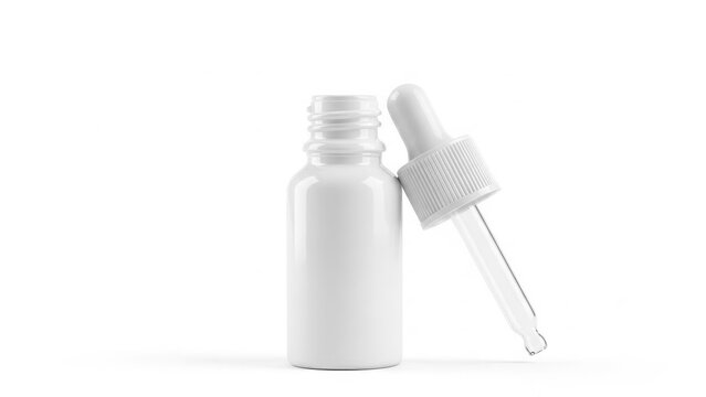 Small white cosmetic bottle with a glass dropper cap for essential oil or serum skincare product packaging design