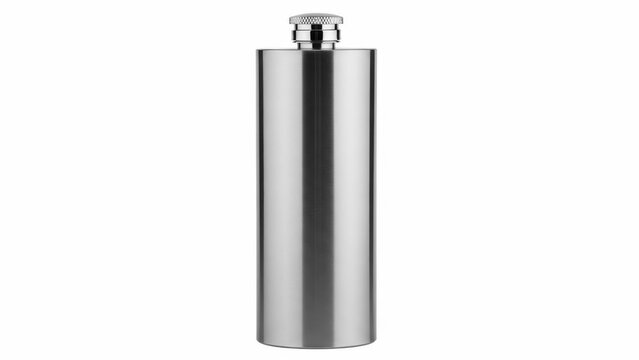 Shiny stainless steel hip flask for alcohol beverages standing upright
