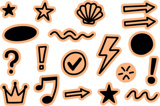Cute sticker icons set, hand drawn star arrow seashell crown lightning music note vector element template