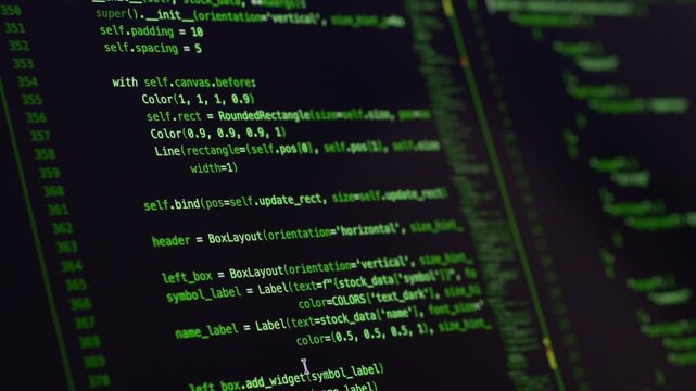 Vibe coding session with AI assistant visible on screen displaying green source code. Programming workflow reflects automation, digital innovation and modern software development process.