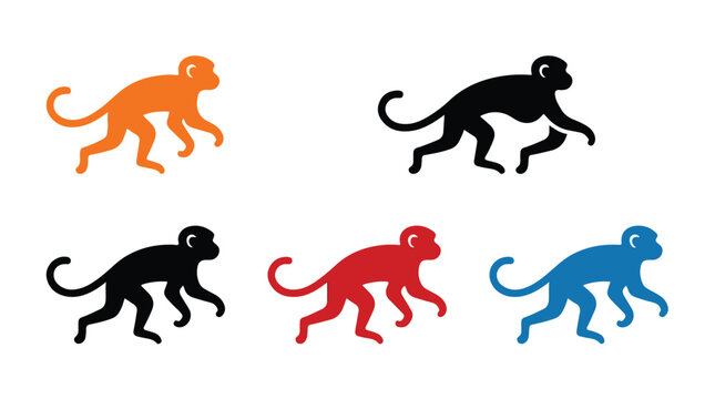Five colorful monkey silhouettes depicted in various colors on white background.