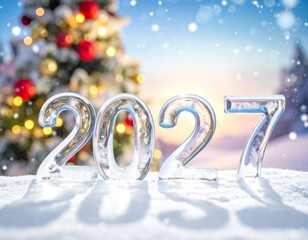 2027 Nowy Rok, lodowy napis na śniegu, w tle choinka, śnieg i bokeh. Szczęśliwego Nowego Roku. Kartka świąteczna z życzeniami.  © Anita