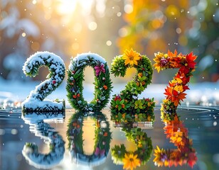 Nowy Rok 2026 utworzony z roślin symbolizujących cztery pory roku zimę, wiosnę, lato i jesień. Kolorowy napis Nowy Rok. Karta rozpoczynająca kalendarz.  © Anita