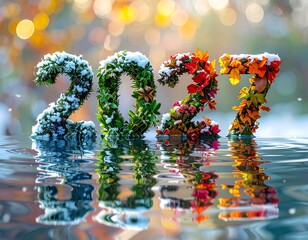 Nowy Rok 2026 utworzony z roślin symbolizujących cztery pory roku zimę, wiosnę, lato i jesień. Kolorowy napis Nowy Rok. Karta rozpoczynająca kalendarz.  © Anita