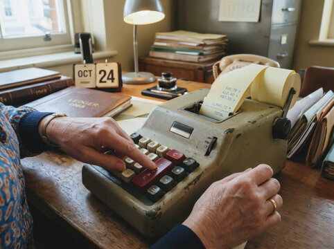 close-up of elderly hands operating a vintage mechanical adding machine on a wooden desk, surrounded by 1960s office items like a ledger book, calendar, and lamp, symbolizing retro accounting