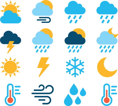 Weather forecast icons set, flat cartoon sun cloud rain snow storm wind temperature vector background template