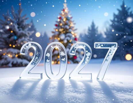 2027 Nowy Rok, lodowy napis na śniegu, w tle choinka, śnieg i bokeh. Szczęśliwego Nowego Roku. Kartka świąteczna z życzeniami.
