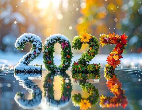 Nowy Rok 2026 utworzony z roślin symbolizujących cztery pory roku zimę, wiosnę, lato i jesień. Kolorowy napis Nowy Rok. Karta rozpoczynająca kalendarz.
